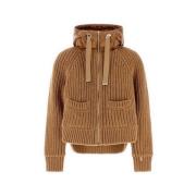 Kameel Ribgebreide wollen jas met verendetails Herno , Brown , Dames