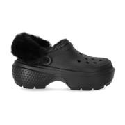 Zwarte gevoerde Stomp klomp met bont Crocs , Black , Dames