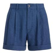 Blauwe Linnen Geplooide Casual Shorts Polo Ralph Lauren , Blue , Dames