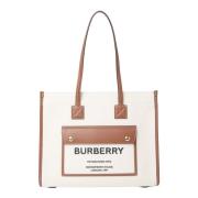 Canvas Schoudertas met Leren Afwerking Burberry , Beige , Dames