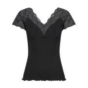 Zijden Kant Top Korte Mouw Rosemunde , Black , Dames