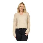 Zachte Gebreide Trui met V-Hals 2-Biz , Beige , Dames