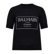 Wollen Top met Geborduurd Logo Balmain , Black , Dames