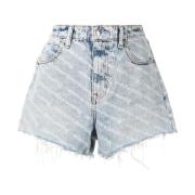 Denim Shorts met All-Over Logo Print Alexander Wang , Blue , Dames