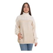 Turtleneck Kabelgebreide Pullover Sweater Roy Roger's , Beige , Dames