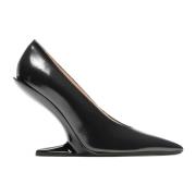 Zwarte Leren Pumps met Gebogen Hak N21 , Black , Dames