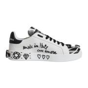 Logo Detail Leren Sneakers, Wit/Zwart Dolce & Gabbana , White , Dames