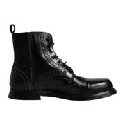 Zwarte leren veterschoenen met logo Dolce & Gabbana , Black , Heren