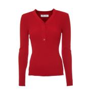 Geribbelde longsleeve top met V-hals Samsøe Samsøe , Red , Dames