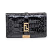 Zwarte leren schoudertas met krokodilleneffect Versace , Black , Dames