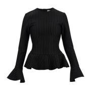 Pinstripe Peplum Top met Uitlopende Mouwen Ganni , Black , Dames