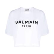 Gedrukte Crop T-shirt in Zwart en Wit Balmain , White , Dames