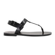 Zwarte Leren Platte Sandalen Saint Laurent , Black , Heren