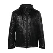 Zwarte Nylon Sportjas met Capuchon Stone Island , Black , Heren