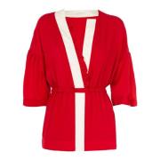 Lange mouwen V-hals blouse met elastische taille Fracomina , Red , Dam...