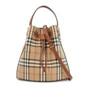 Ruitjesprint Bucket Bag met Trekkoordsluiting Burberry , Beige , Dames