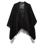 Omkeerbare Zwarte Jacquard Cape met Franjekant V73 , Black , Dames