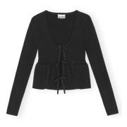 Ribgebreide Cardigan met Strik Ganni , Black , Dames