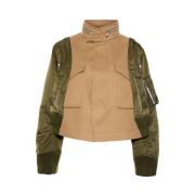 Groene Wol Staande Kraag Jas Sacai , Brown , Dames