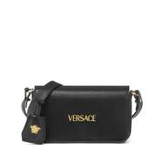 Zwarte Leren Schoudertas met Goudkleurig Logo Versace , Black , Dames