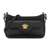 Zwarte leren schoudertas met flap Versace , Black , Dames