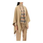 Omkeerbare wollen cape met franjezoom Burberry , Beige , Dames