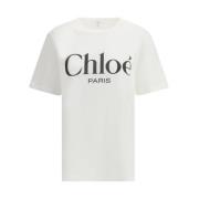 Monogram Katoenen T-shirt met Ronde Hals Chloé , White , Dames