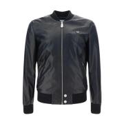 Leren Bomberjack met Ritssluiting en Ribbelboord Philipp Plein , Black...