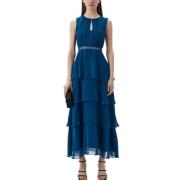 Georgette Lange Jurk met Gerimpelde Rok Pennyblack , Blue , Dames