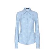 Zijden Jacquard Shirt met DG Logo Dolce & Gabbana , Blue , Dames