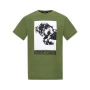 T-shirt met Paardenlogo en Print Roberto Cavalli , Green , Heren