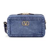 Denim Mini Schoudertas met VLogo Valentino Garavani , Blue , Dames