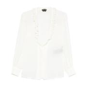 Witte Plissé shirt met diepe V-hals Tom Ford , White , Dames