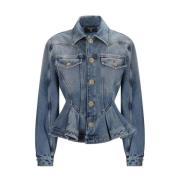 Ruffle Hem Denim Jacket Classic Collar Balmain , Blue , Dames