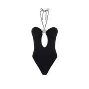 Zwarte Monokini met V-hals en glanzend lycra accessoire F**k , Black ,...