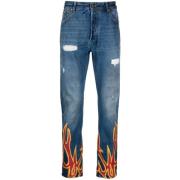 Verbrande F-Print Straight-Leg Jeans Palm Angels , Blue , Heren