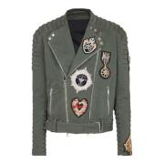 Denim bikerjack met geborduurde patches Balmain , Green , Heren