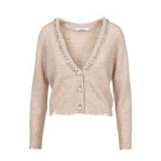 Grijze Wollen Blend V-Hals Trui Kaos , Beige , Dames