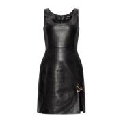 Mouwloze leren jurk Versace , Black , Dames