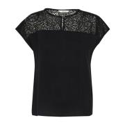 Pitch Black Blouse met Kant Detail Cream , Black , Dames