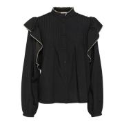 Pitch Black Vrouwelijk Shirt met Ruches Cream , Black , Dames