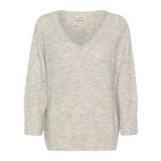 V-Hals Pullover Gebreide Trui Licht Grijs Cream , Gray , Dames