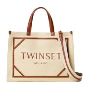 Canvas Shopper Tas met Logo Print Twinset , Beige , Dames