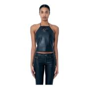 Leren Halternek Top met Logo Plaque Diesel , Black , Dames