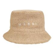 Raffia Bucket Hoed met Geborduurd Logo Marni , Beige , Dames