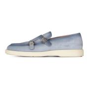 Velours Dubbele Monkstraps Rubberen Zool Italië Santoni , Blue , Heren