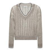 Gestreepte V-hals trui met pailletten Brunello Cucinelli , Beige , Dam...