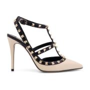 Studded Leren Slingback Hakken Valentino Garavani , Beige , Dames