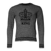 Kasjmier Crew Neck Zwarte Print Sweater Dolce & Gabbana , Gray , Heren