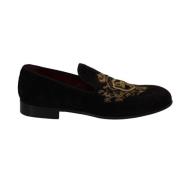 Elegante zwarte loafers met gouden kroonborduursel Dolce & Gabbana , B...